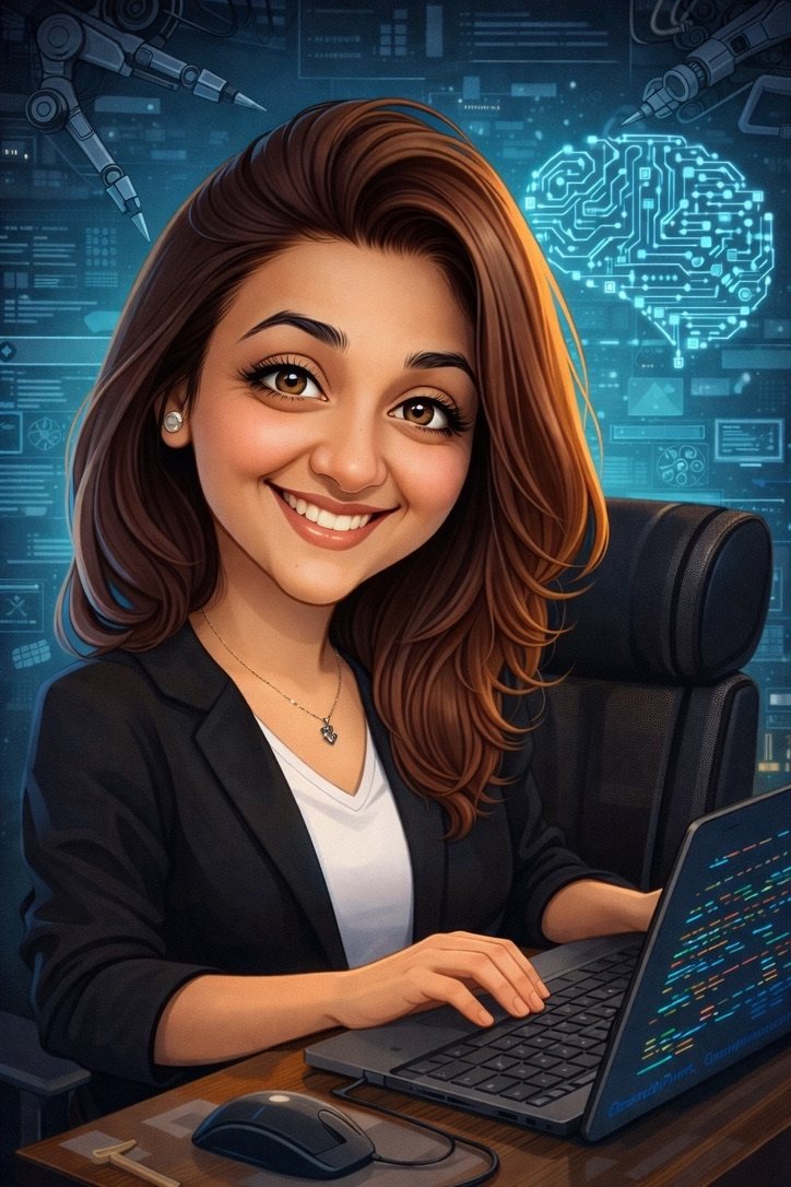Illustration of REI smiling at her desk as she works on a laptop, with a glowing circuit brain and robotic arms in the background