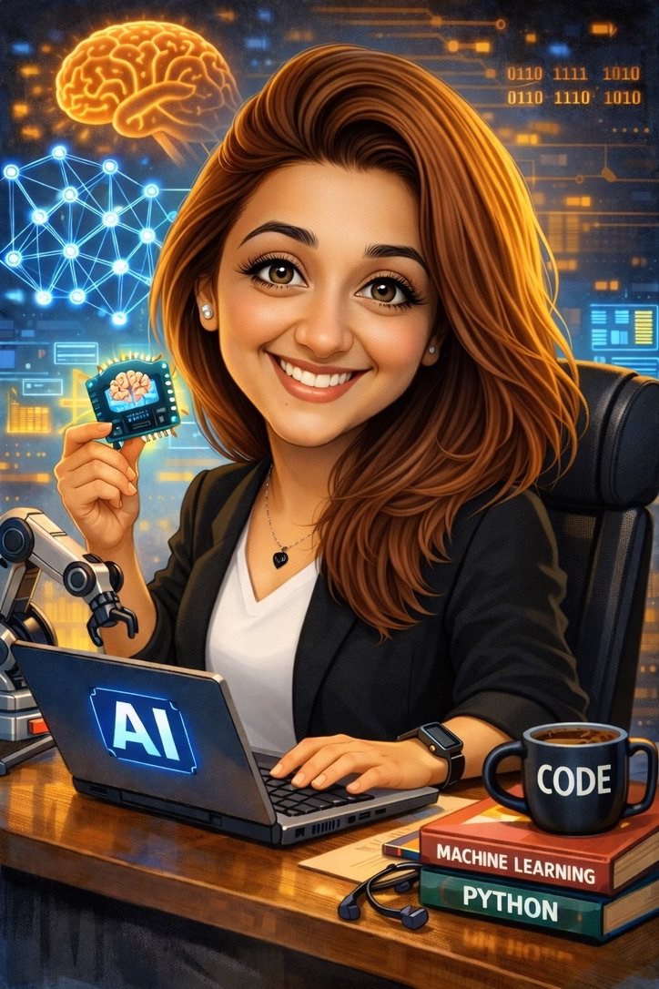 Illustrated portrait of Ruksh E Ibaadat at her desk with a laptop marked AI, holding a chip, beside books on machine learning and Python